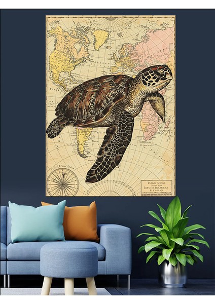 Haritalı Deniz Kaplumbağası Dekoratif Kanvas - Mdf Ahşap Tablo fırsatları