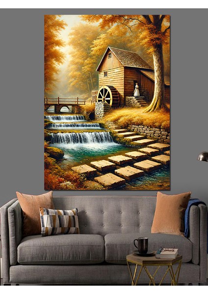 Şelale Yanında Eski Değirmen Dekoratif Kanvas - Mdf Ahşap Tablo