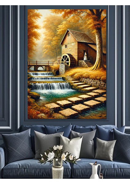 Şelale Yanında Eski Değirmen Dekoratif Kanvas - Mdf Ahşap Tablo fırsatları