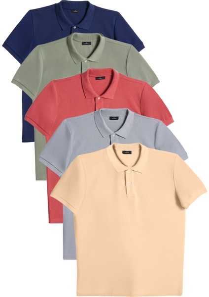 Erkek 5'li Paket Lacivert-Haki-Kiremit-Gri-Bej Slim Fit Dar Kesim Pamuklu Düz Pike Polo Yaka Tişört