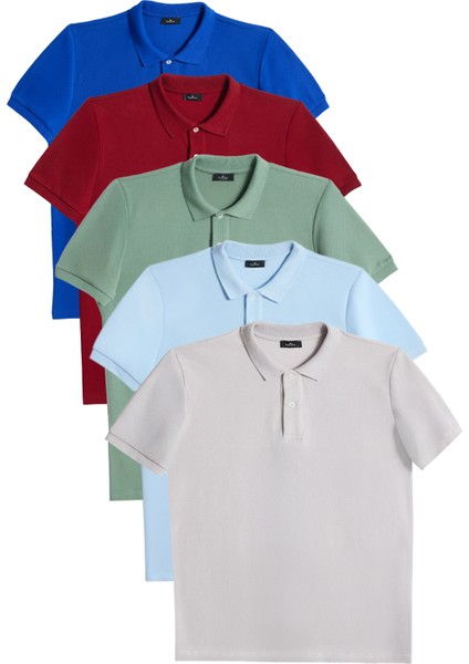 Erkek 5'li Paket Saks Mavi-Bordo-Su Yeşili-Mavi-Gri Slim Fit Pamuklu Düz Pike Polo Yaka Tişört