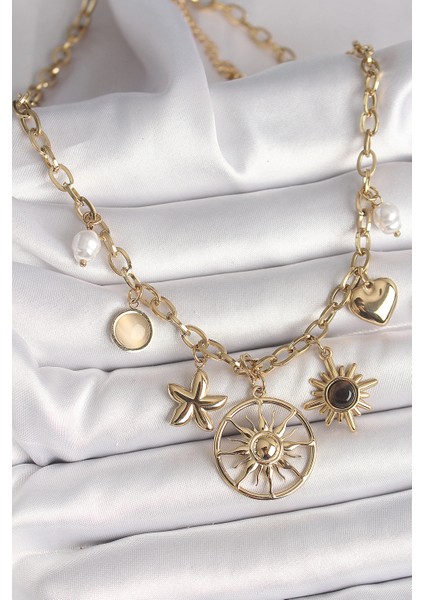 316L Çelik Gold Renk Güneş Model Siyah Mineli Güneş Detay Kadın Kolye