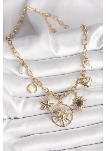 316L Çelik Gold Renk Güneş Model Siyah Mineli Güneş Detay Kadın Kolye fiyatları