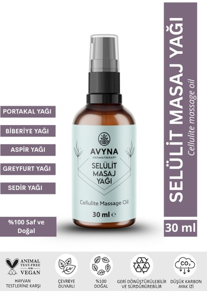 Selülit Masaj Yağı 30 ml Cam Şişede %100 Saf ve Doğal (Cellulite Massage Oil)