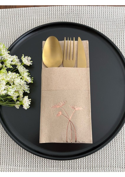 Rose Gold Yaldızlı Kraft Cepli Havuç Çiçeği Kağıt Peçete 12 Adet