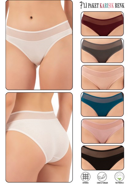 Özkan 26797 7'li Paket Kadın Bel Kısmı Tül Detaylı Likralı Pamuklu Esnek Rahat Slip Bikini Külot