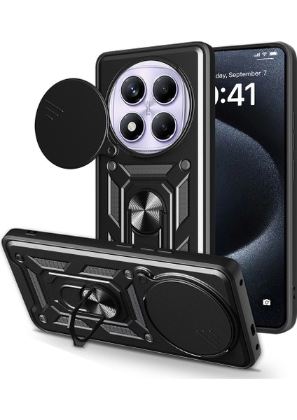 Xiaomi Redmi Note 14 Pro 4g Uyumlu Kılıf Pars Yüzüklü Sürgülü Kamera Korumalı Siyah