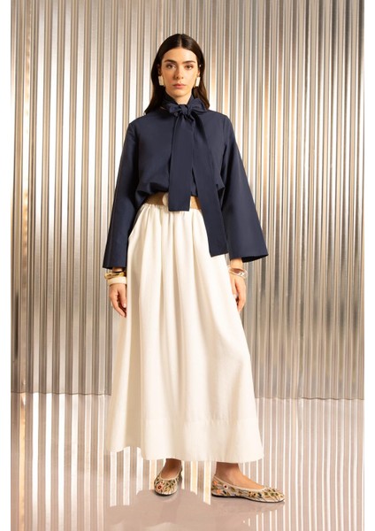 Beyaz-Belden Büzmeli Etek