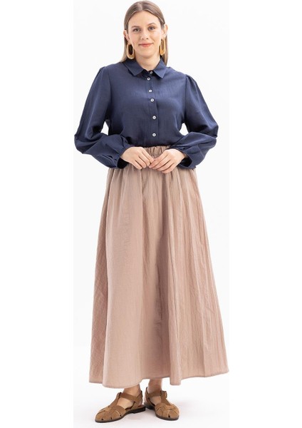 Vizon-Kraşlı Beli Lastikli Kloş Etek