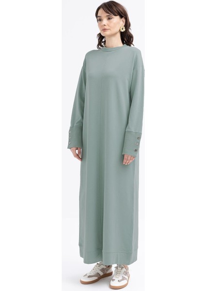 Defne-Manşeti Kalın Ribanalı Düğme Detaylı Likralı Elbise