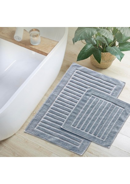 Line Köşeli Gri 2'li %100 Pamuk Banyo Halısı Paspası Seti Klozet Takımı