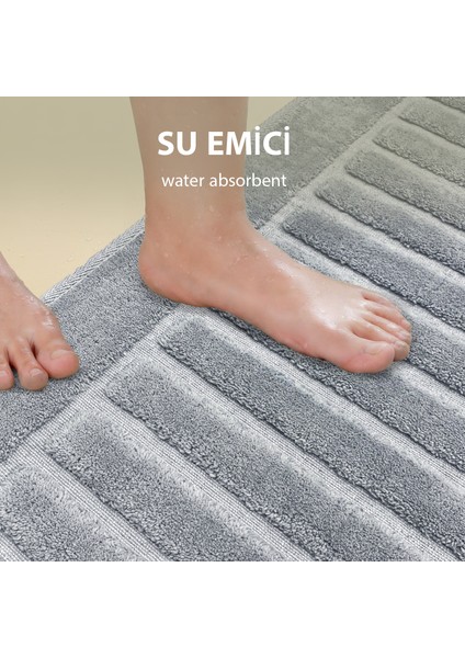 Line Köşeli Gri 2'li %100 Pamuk Banyo Halısı Paspası Seti Klozet Takımı