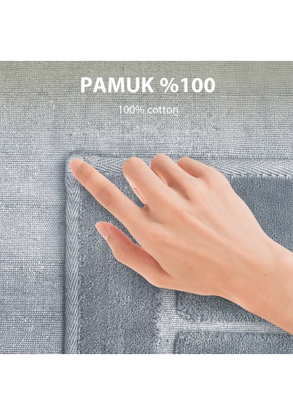 Line Köşeli Gri 2'li %100 Pamuk Banyo Halısı Paspası Seti Klozet Takımı