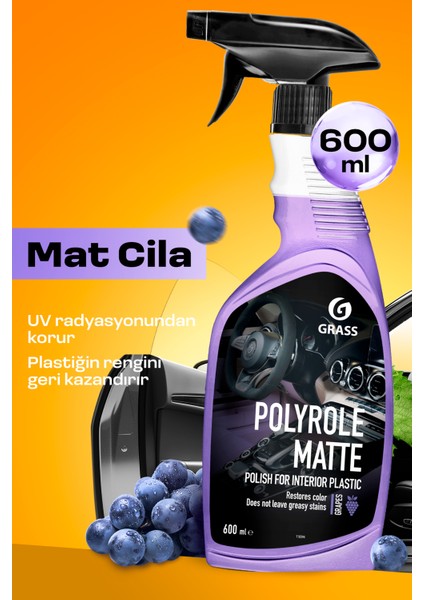Matte Torpido & Gösterge Paneli Temizleyici Parlatıcı - Üzüm Kokulu Mat Yüzeyler İçin Leke Bırakmaz, Polyrole Matte Üzüm Oto Kokpit Temizleyici ve Parlatıcı 600ml