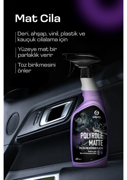 Matte Torpido & Gösterge Paneli Temizleyici Parlatıcı - Üzüm Kokulu Mat Yüzeyler İçin Leke Bırakmaz, Polyrole Matte Üzüm Oto Kokpit Temizleyici ve Parlatıcı 600ml