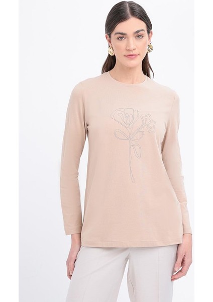 Bej-Zincir Nakışlı Uzun Kollu Likralı T-Shirt