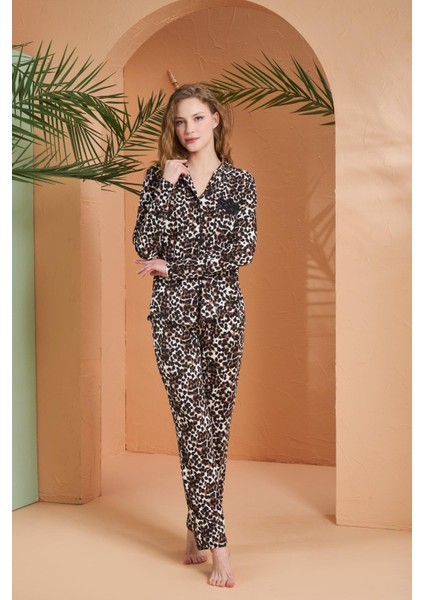 27064 Kadın Leopar Desenli Boydan Düğmeli Uzun Kollu Pijama Takım
