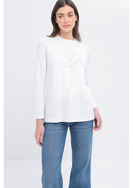 Beyaz-Zincir Nakışlı Uzun Kollu Likralı T-Shirt