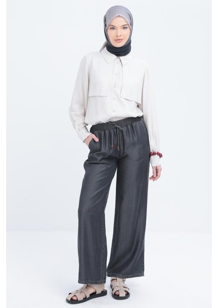 Gri-Beli Lastikli Denim Pantolon
