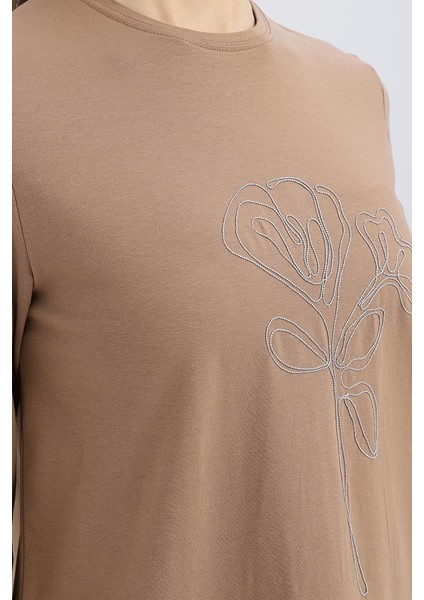 Vizon-Zincir Nakışlı Uzun Kollu Likralı T-Shirt fırsatları