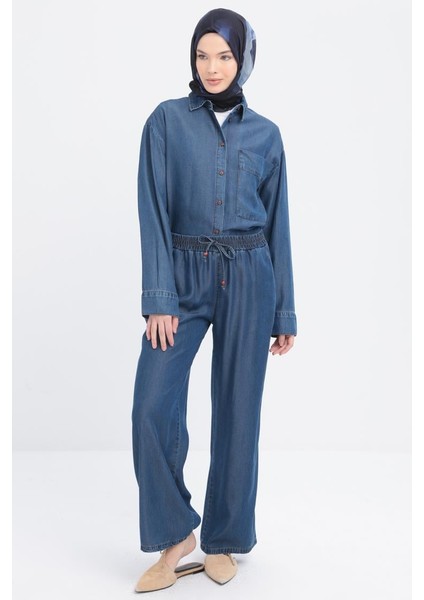 Koyu Mavi-Beli Lastikli Denim Pantolon