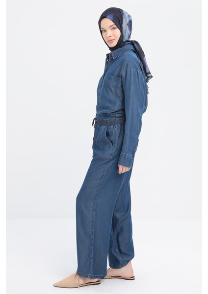 Koyu Mavi-Beli Lastikli Denim Pantolon