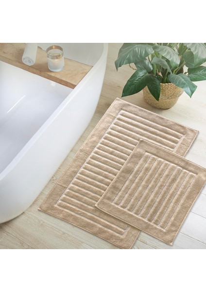 Line Köşeli Vizon 2'li %100 Pamuk Banyo Halısı Paspası Seti Klozet Takımı