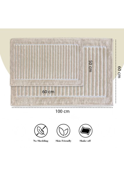 Line Köşeli Vizon 2'li %100 Pamuk Banyo Halısı Paspası Seti Klozet Takımı