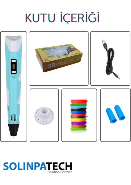Mavi 3D Pen Üç Boyutlu Yazıcı Kalem Printer (20 Adet 5 Metre Filament -100 Metre- ve USB Kablo Dahil)
