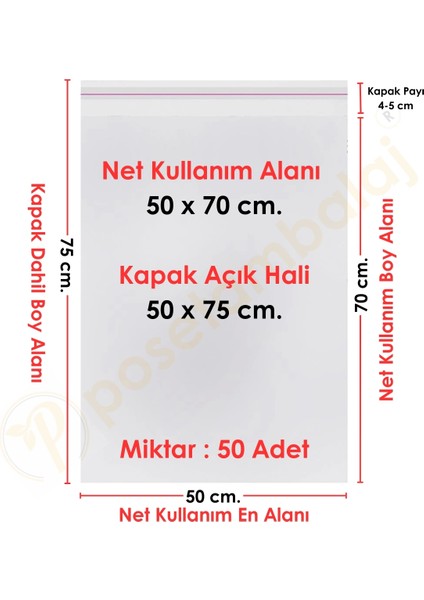 50X70+5 cm(50X75) 50 Adet Şeffaf Bantlı Yapışkanlı Jelatin Poşet
