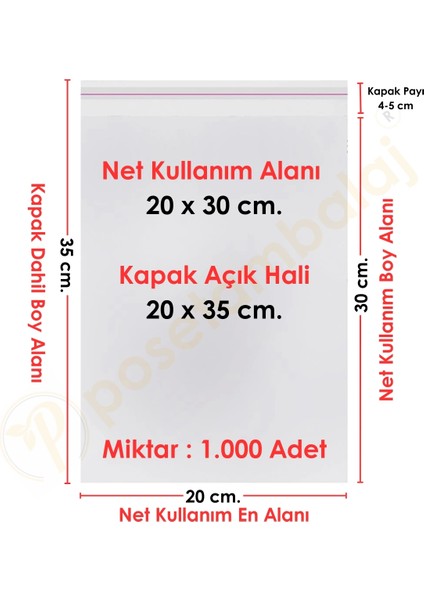20X30+5 cm(20X35) 1.000 Adet Şeffaf Bantlı Yapışkanlı Jelatin Poşet