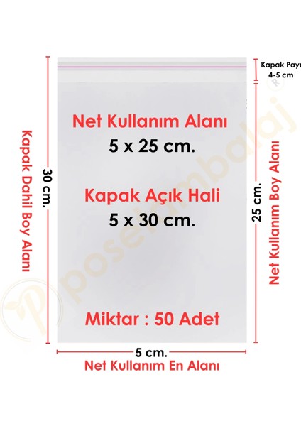 5X25+5 cm(5X30) 50 Adet Şeffaf Bantlı Yapışkanlı Opp Poşet