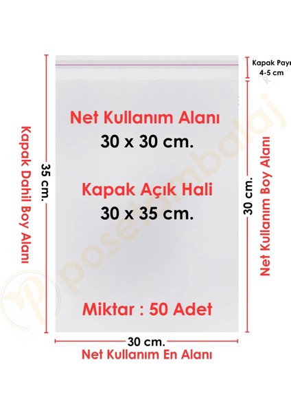 30X30+5 cm(30X35) 50 Adet Şeffaf Bantlı Yapışkanlı Jelatin Poşet