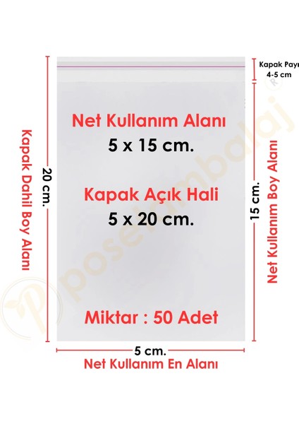 5X15+5 cm(5X20) 50 Adet Şeffaf Bantlı Yapışkanlı Opp Poşet