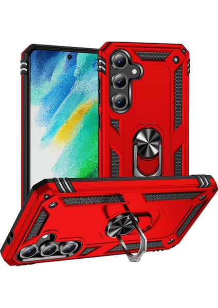 Samsung Galaxy S24 Fe Uyumlu Kılıf Tank Yüzüklü Kırmızı + Ekran Koruyucu