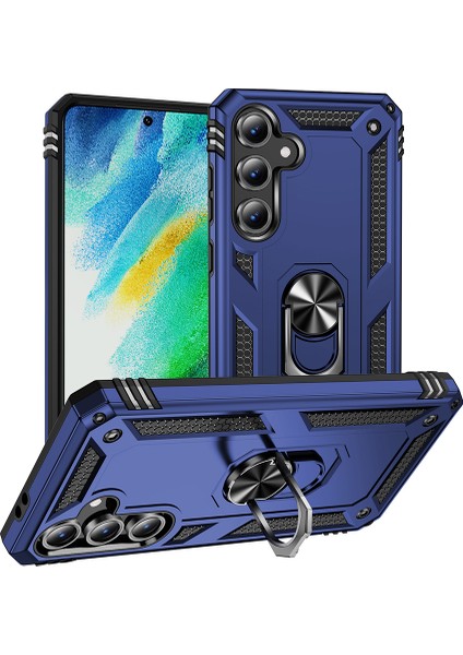 Samsung Galaxy S24 Fe Uyumlu Kılıf Tank Yüzüklü Lacivert + Ekran Koruyucu