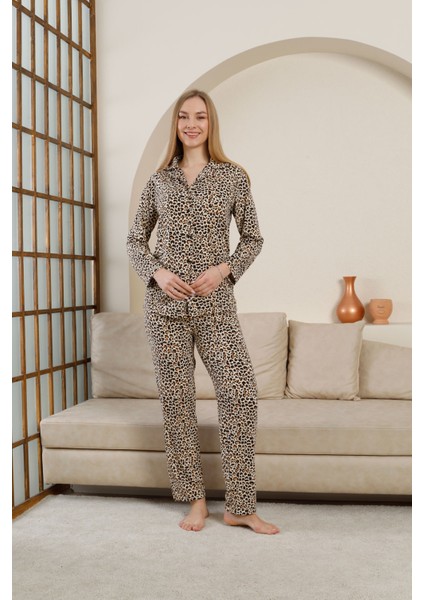 Gömlek Yaka Leopar Desenli Bayan Pijama Takımı