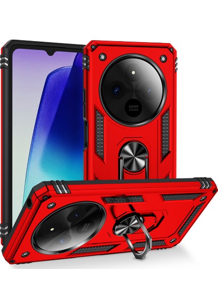 Xiaomi Redmi 14C Uyumlu Kılıf Tank Yüzüklü Kırmızı + Ekran Koruyucu
