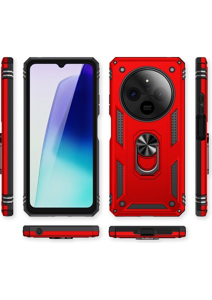 Xiaomi Redmi 14C Uyumlu Kılıf Tank Yüzüklü Kırmızı + Ekran Koruyucu