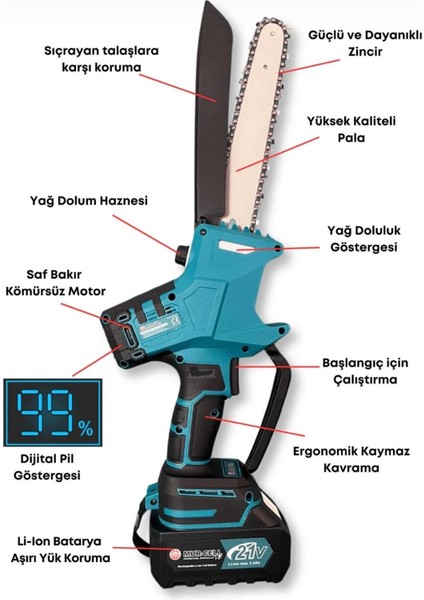 Dal Budama Testeresi Kömürsüz Otomatik Yağlamalı Dijital Göstergeli 21V 3 Amper