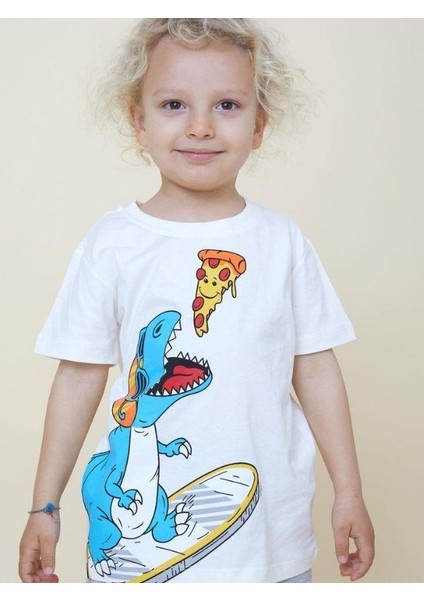 Erkek Çocuk Pamuklu Pizza Yiiyen Dinazor Baskılı Tshirt