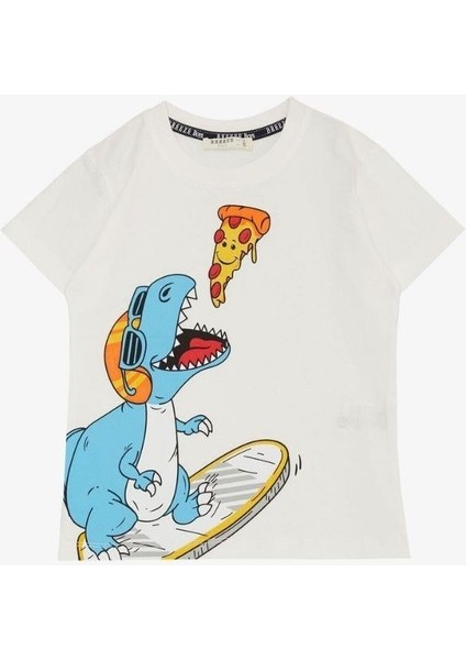 Erkek Çocuk Pamuklu Pizza Yiiyen Dinazor Baskılı Tshirt modelleri