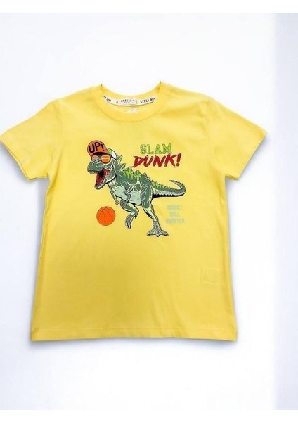 Erkek Çocuk Pamuklu Dinazor Baskılı Yarım Kol Tshirt