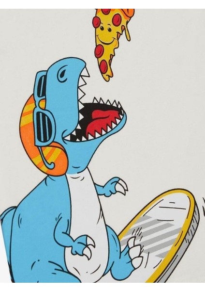 Erkek Çocuk Pamuklu Pizza Yiiyen Dinazor Baskılı Tshirt indirimleri