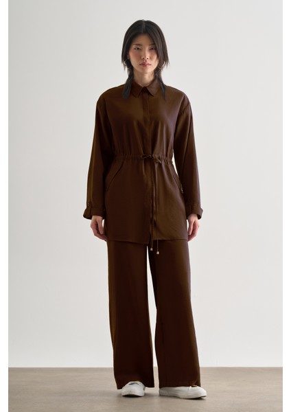 Acı Kahve Mizalle Çift Cepli Beli Ip Büzgülü Modal Kahverengi Tunik