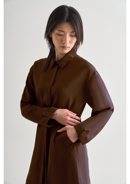 Acı Kahve Mizalle Çift Cepli Beli Ip Büzgülü Modal Kahverengi Tunik modelleri