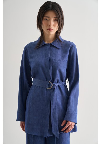 Indigo Mavi Mizalle Denim Dokulu Kemerli Tunik