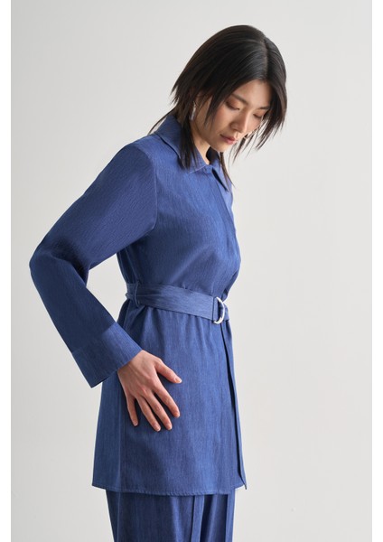 Indigo Mavi Mizalle Denim Dokulu Kemerli Tunik fiyatları