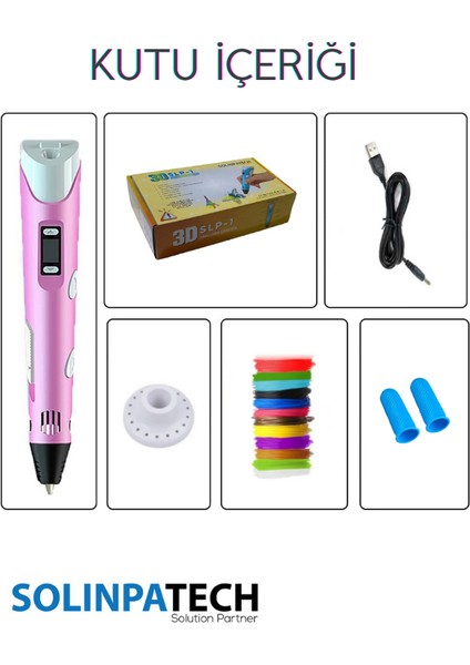 Pembe 3D Pen Üç Boyutlu Yazıcı Kalem Printer (20 Adet 5 Metre Filament -100METRE- ve USB Kablo Dahil)