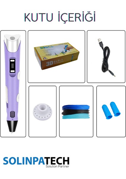 3D Kalem 3D Pen USB Kablolu Üç Boyutlu Yazıcı Kalem Printer-Mor (3 Adet 3M Filament -9Metre-)